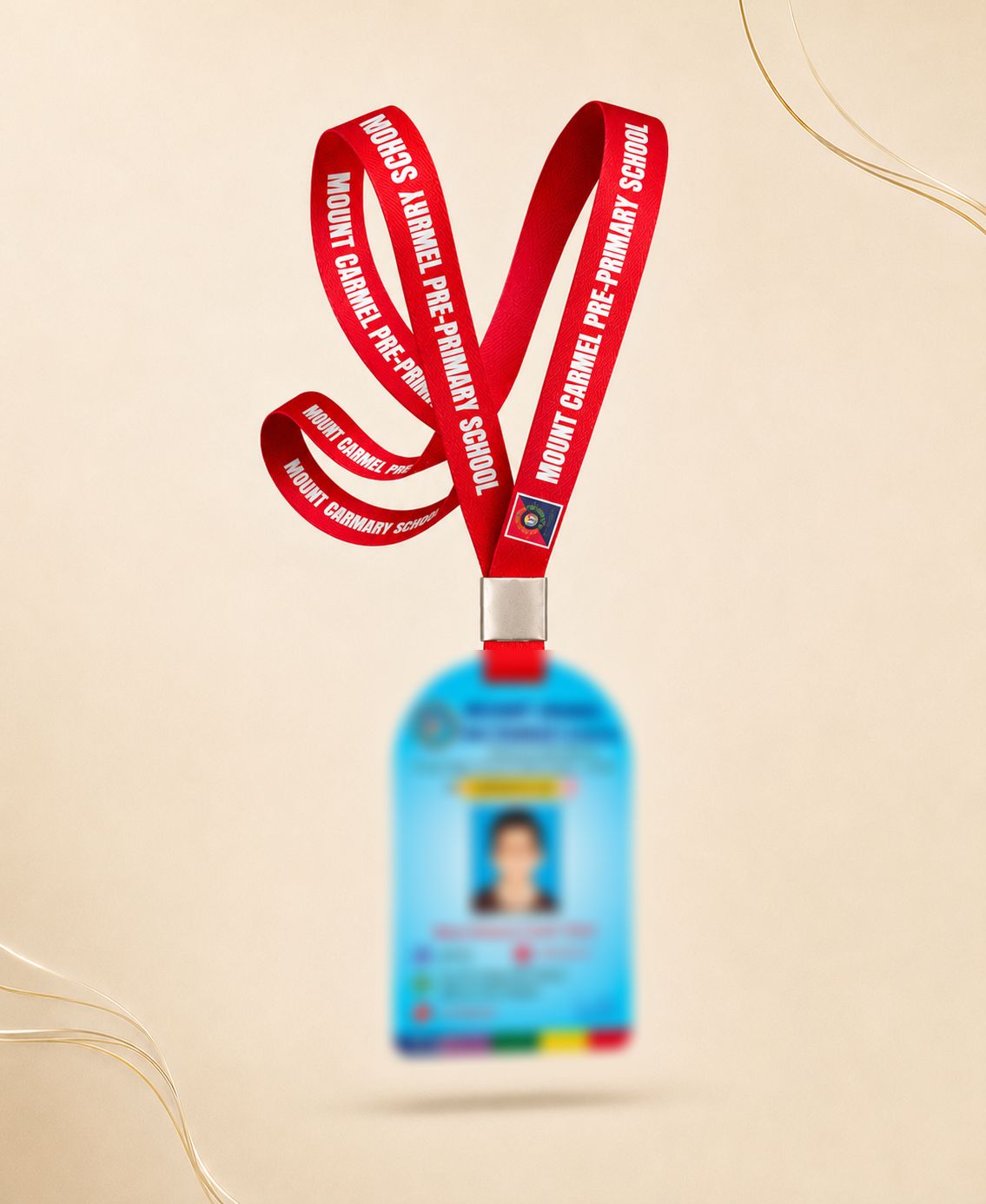 Anonymized blue portrait ID card with a red printed lanyard