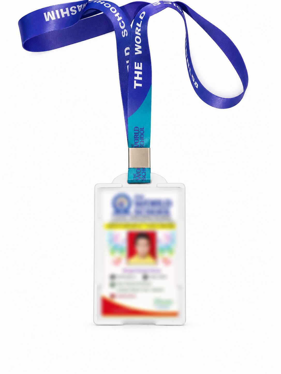 Anonymized portrait ID card in a white protective holder