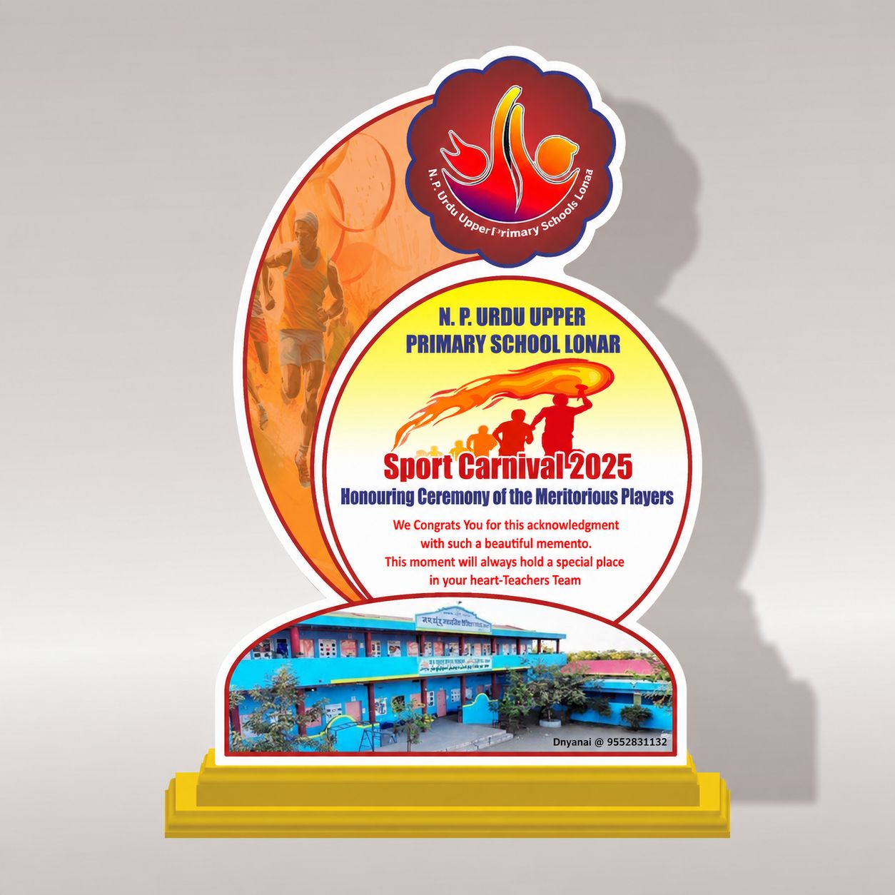 Customized sports event trophy with a curved printed face